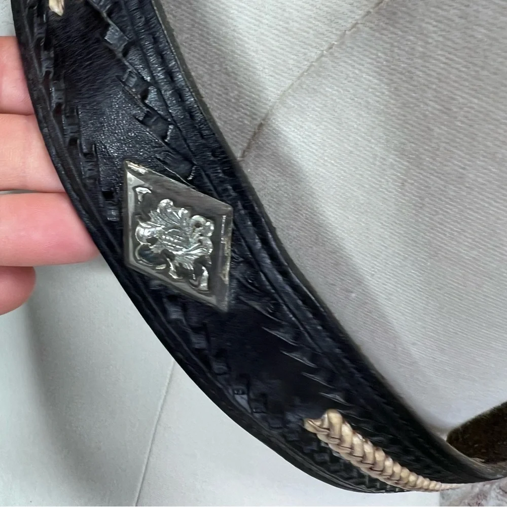 VINTAGE WESTERN BELT Black Leather Rodeo w/Eagle Head Buckle, Made in USA, 50